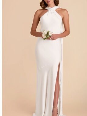 Birdy Grey White Twist Halter Bridesmaid Gown with High Slit